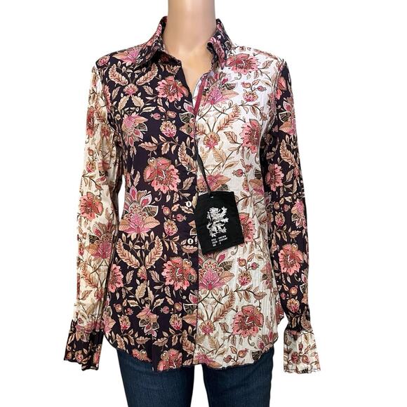 Cino Mixed Floral Print Button Down Shirt Small Roll Tab Sleeve Boho Crinkled - Picture 1 of 11